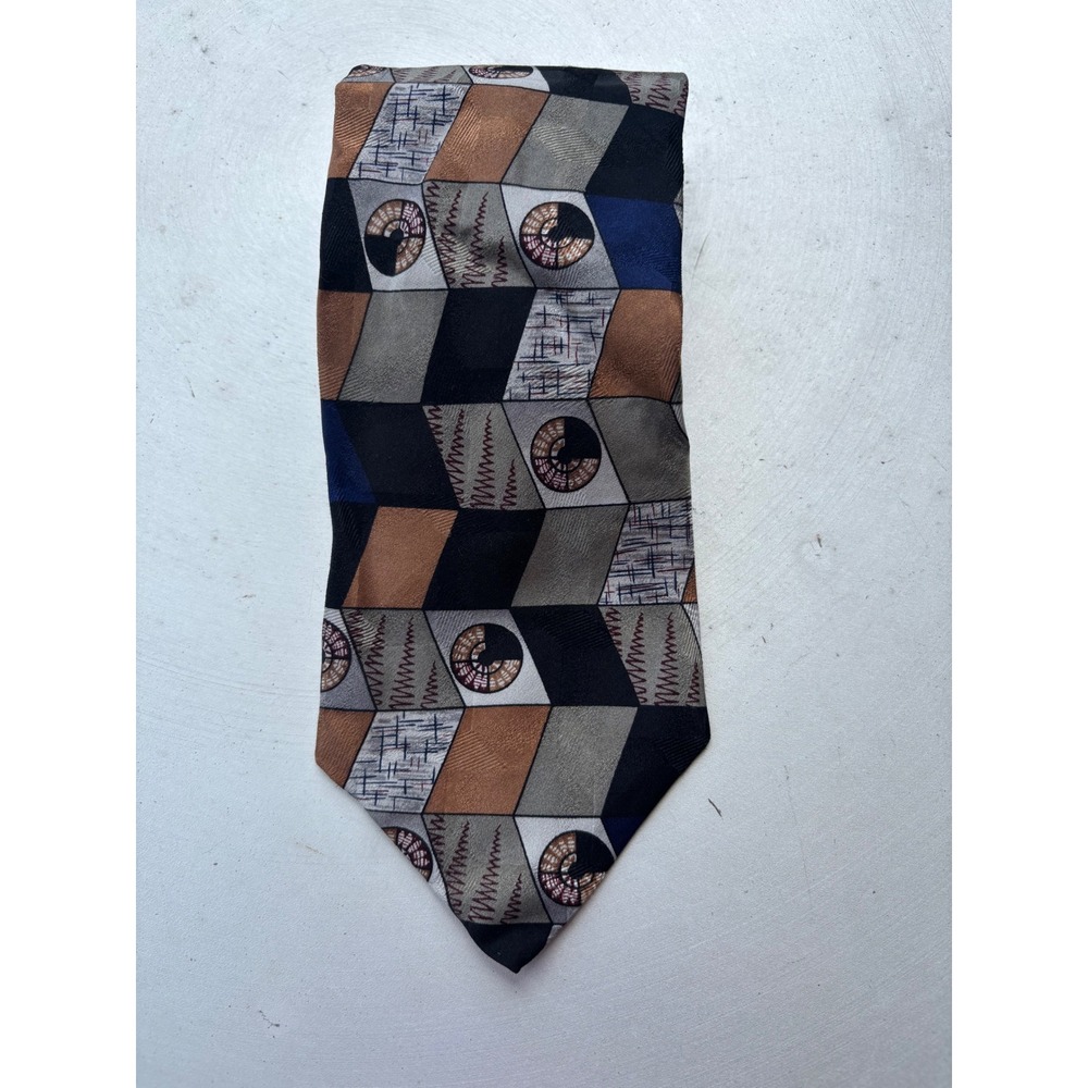 Trissardi Silk Necktie Geometric Abstract Bronze Grey Navy Blue Black Mens Tie
